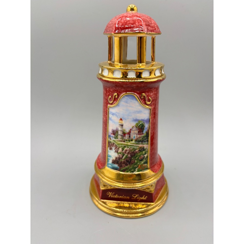 Thomas Kinkade 2004 Victorian Light Lighthouse Figurine Red Gold Illuminated 8"